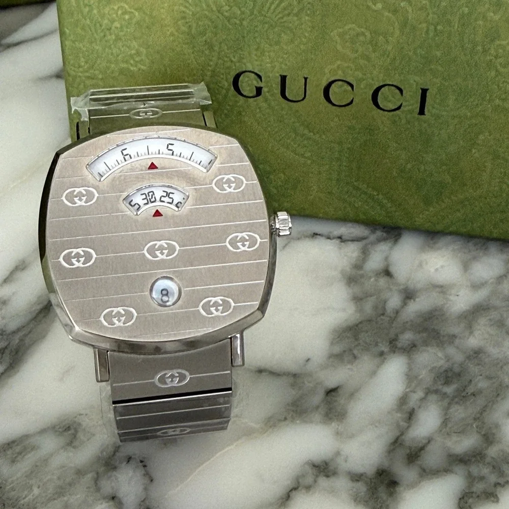 Gucci Grip Watch YA157401 Stainless Steel Silver Logo Engraved Swiss Made 38mm
